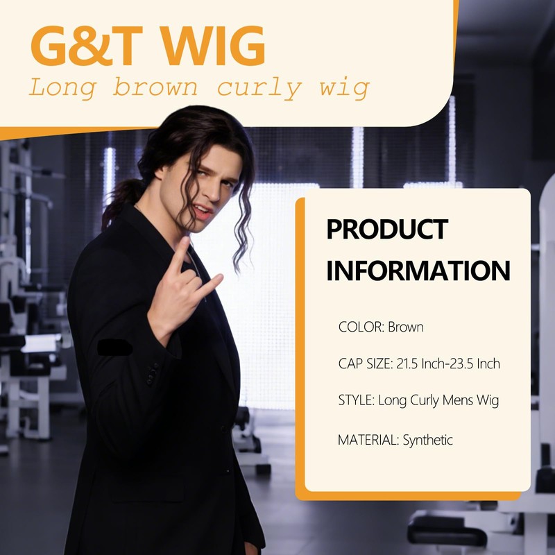 Long Brown Curly Wig for Men Heat Resistant Synthetic Male