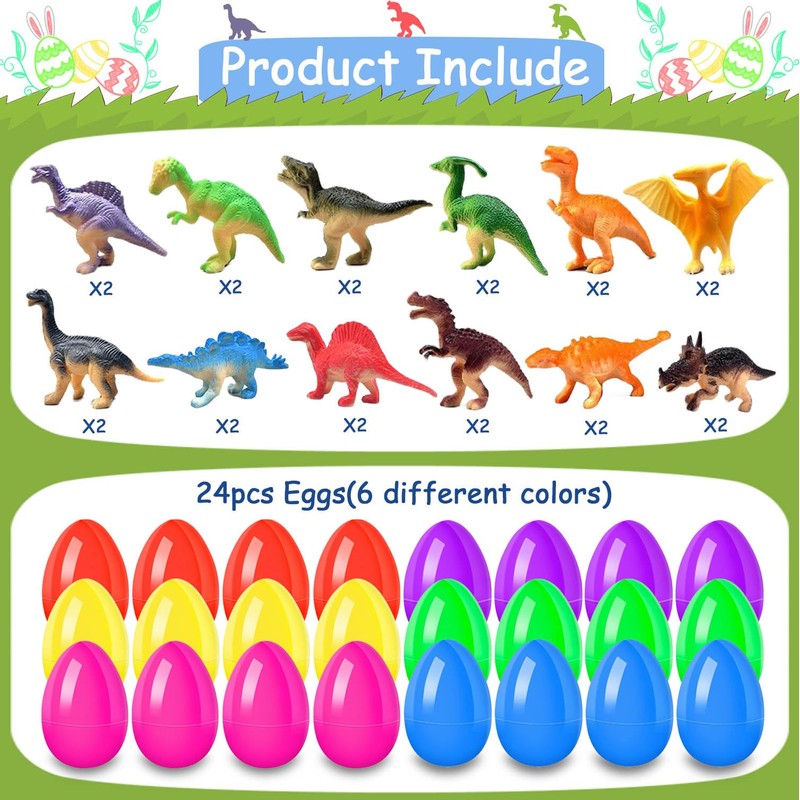 UPINLOOK 24Pcs Easter Eggs with Dinosaurs Inside, Easter Basket Stuffers