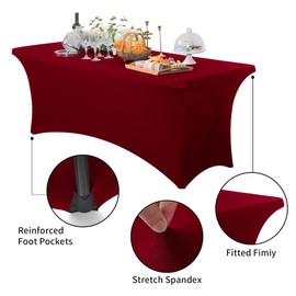 Indoor-Beauty Spandex Tablecloth 4FT Stretch Table Cover Fitted Rectangular Tables, Universal Stretch Patio Table Cloth for Wedding, Banquet, Party and Event（Burgundy, 4FT