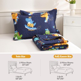JSD Blue Sports Dinosaur Kids Quilt Set Twin Size, Microfiber Printed Bedspread Coverlet with Pillow Sham, Soft Lightweight Summer Quilted Blanket