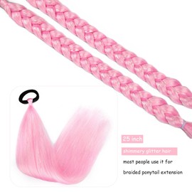 Pink Ponytail Extension with Tie, Colored Hair Extensions for Kids, Festival Crazy Hair Day Accessories for Girl, 25 inch Shimmer Tinsel Ponytail Colorful 2 Packs