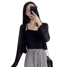 §SEYIXU See-Through Cardigan, Women's, Sheer, Mesh, See-through, Shawl, Short Length, Body-Cover, Summer, Thin, Sunshade, Korean Fashion, UV Protection, Type A - Black