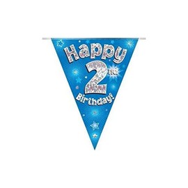 OAKTREE UK 631021 Party Bunting Happy 2nd Birthday Blue Holographic 11 Flags 3.9m