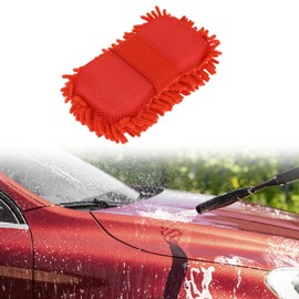 Partuto 1 Pc Universal Car Wash Mitts Chenille Cleaning Sponge Brush Noodle with Elastic Strap Scratch Free Soft Absorbent for Car Home Window - Red