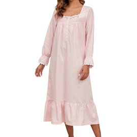 Viakeo 100% Cotton Nightgowns For Women Victorian Night Gown Long Sleeve House Dress With Pockets S-3XL Pink