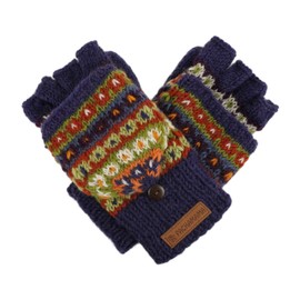Pachamama Women Wool Fingerless Glove Mittens Handknitted Flecked Stripe Blue Multicoloured One-Size Handmade Extra Warm Fair Trade