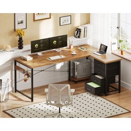 ODK 61'' L Shaped Desk with 4 Drawers, Reversible Corner Desk with Storage, Gaming Table with Power Outlets, USB Ports, Computer Desk for Home Office, Study, Easy Assembly, Vintage Brown