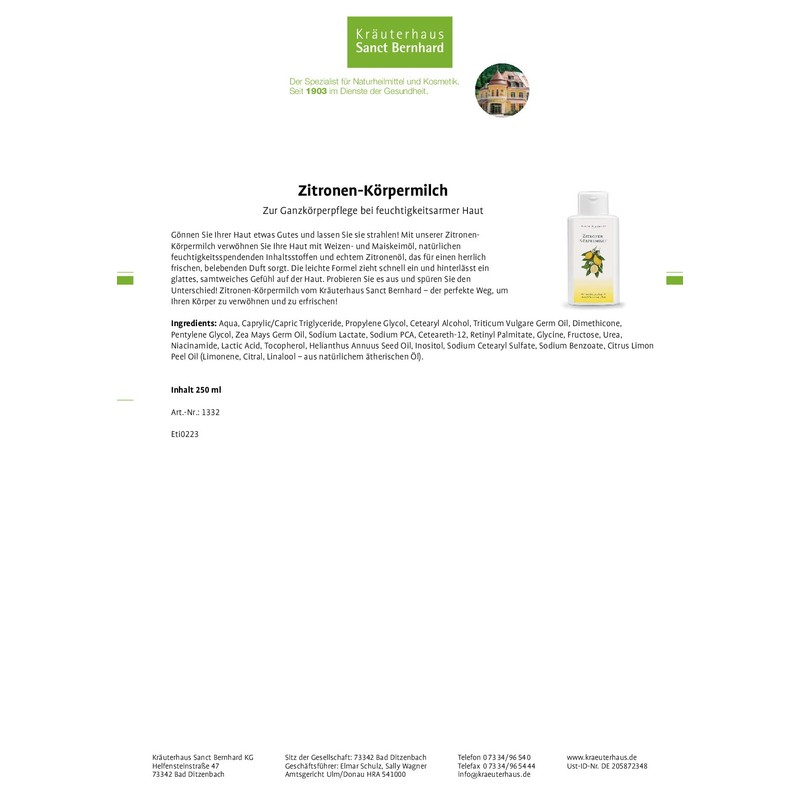 Sanct Bernhard Lemon Body Milk with Natural Moisturising Factors 250