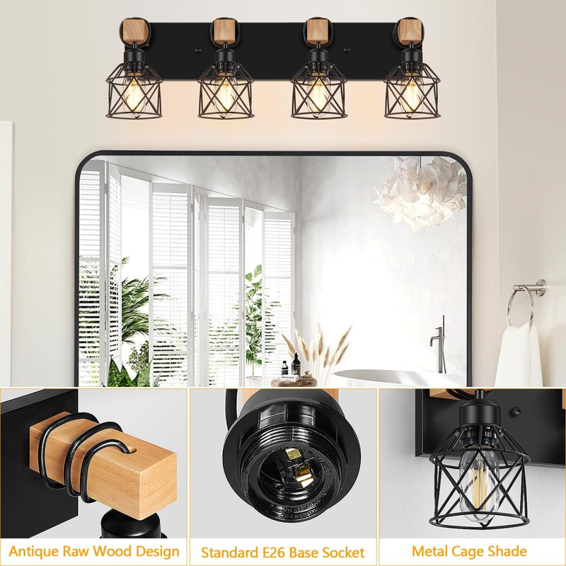 FadimiKoo 4-Light Rustic Style Wood Bathroom Vanity Light Fixtures, Black