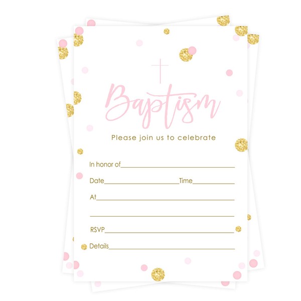 Pink and Gold Baptism Invitations (15 Guests) Christening – Naming Ceremony – Dedication – Confirmation – Communion – Girls Party Supplies - Fill in Blank Style Invite Cards and Envelope Set DIY