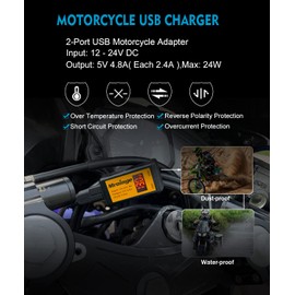 Motorcycle USB Charger, Mroinge 4.8A SAE to USB Adapter with Voltmeter & Ammeter, Quick Disconnect Plug with Dual USB Charger Perfect for Smart Device Charging, with ON/Off Switch & Waterproof Cover