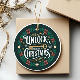 Unlock The Magic of Christmas Round Ceramic Ornament 3 inches Vintage Key Design with Holly Leaves and Snowflakes