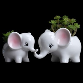 Ogrmar 2PCS Elephant Plant Window Boxes Cute Elephant Flower Pot/Modern White Ceramic Succulent Planter Pots/Tiny Flower Plant Containers Animal Decor