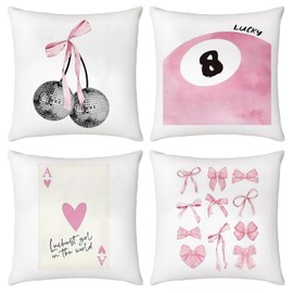Pack of 4 Decorative Cushion Covers for Girls Room Coquette Bow Cherry Heart Aesthetic Cushion Covers Coquette Fabrics Cushion Covers Room Decoration Preppy Gifts for Women and Girls 45 x 45 cm
