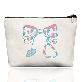 EKGJW OB Nurse Bow Stethoscope Makeup Bag, Cute Baby Footprint Cosmetic Pouch, NICU Nurse Gift for Women, Delivery Appreciation Zip Bag，Midwife toiletry bag