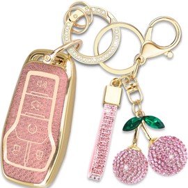 Yekoubo Key Fob Cover with Cherry Keychain, Soft TPU Smart Key Case for Daily Carry, Compatible with Ford Explorer Mustang F150 Edge Fusion,Lincoln MKZ 2013-2017 MKC MKX (5-Button, Pink)