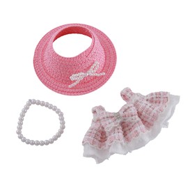 3PCS Pink Doll Outfit Set – Pink Dress, Straw Hat & Flower Necklace – 17cm Doll Clothes and Accessories – Clothes Set for Plush Figures – Only Accessories