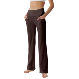 LaiEr Women's Bootcut Yoga Pants with Pockets High Waist Flared Bootleg Yoga Workout Pants with Side Pockets(Brown,L)