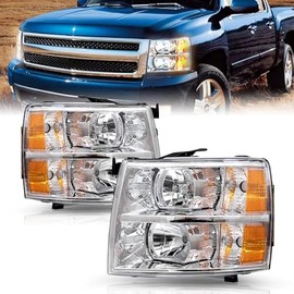 Fits for 2007-2013 Chevy Silverado 1500/2007-2014 Silverado 2500HD 3500HD Headlights Assembly Pair Set No Fogging OE Style Factory Replacement Chrome Housing & Amber Reflector