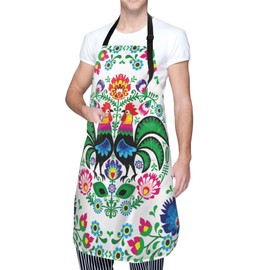 Polish Style Rooster Cooking Apron For Women Men With Pockets,Floral Folk Art Chicken Green Oxford Cloth Kitchen Apron With Adjustable Neck For Home Waitress Chef Baking/Bbq Waterproof 28x33 Inches