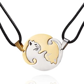 INOX PINK Cat Yin Yang Gold Silver Friendship Necklace For Two Best Friends in an Organza Gift Bag (cord-gold-silver)