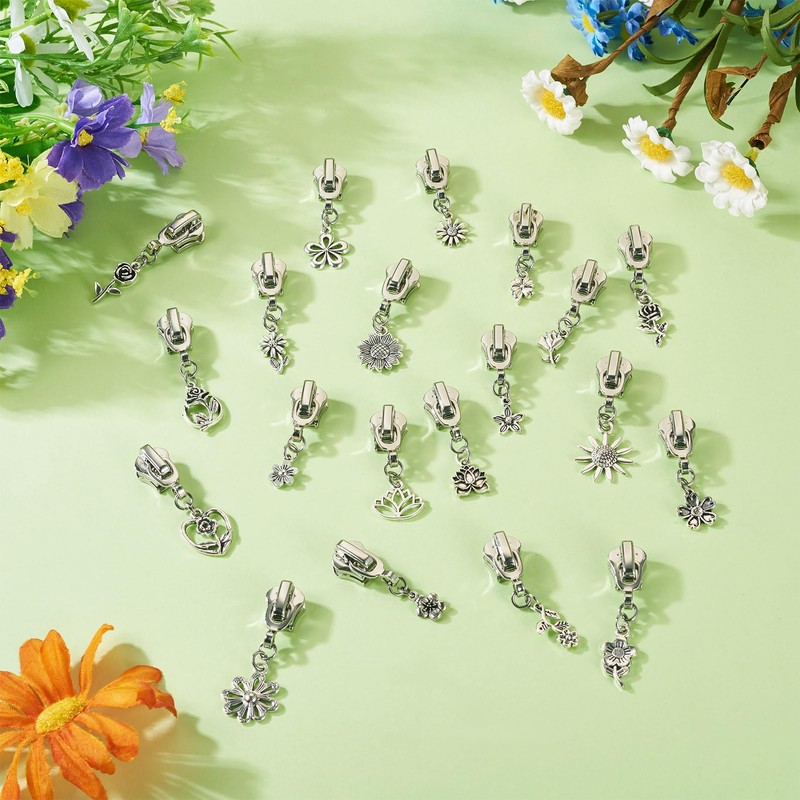 Cheriswelry 20pcs Flower Metal Zipper Pull Replacement Zippers Sliders for