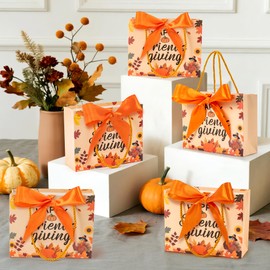 H1vojoxo Friendsgiving Party Gift Bags - 25pcs Friendsgiving Orange Gift Bags with Handles 7.5x2.8x5.9'' Thanksgiving Goodies Candy Bag with Bow Ribbon for Friend Guest Thanksgiving Party Favor Bag