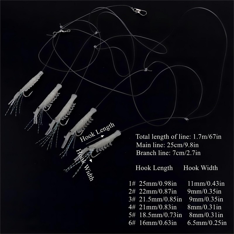 Conskyee Luminous Shrimp Baits Set, 6 Pack Soft Fishing Lure