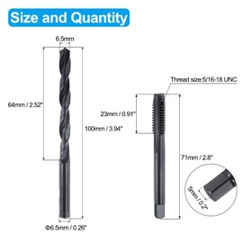 sourcing map Tap and Drill Bit Set, 1pcs 5/16-18 UNC Straight Flute Thread Screw Taps & 1pcs 6.5mm Twist Drill Bits, Black Oxide HSS-6542 Tapping Threading Tool Kit