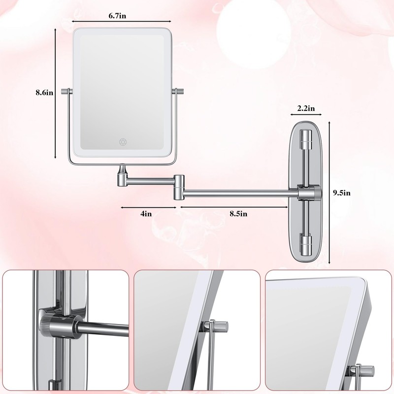 Wall Mounted Lighted Makeup Mirror, Rectangle Double Sided 1X/7X Magnifying