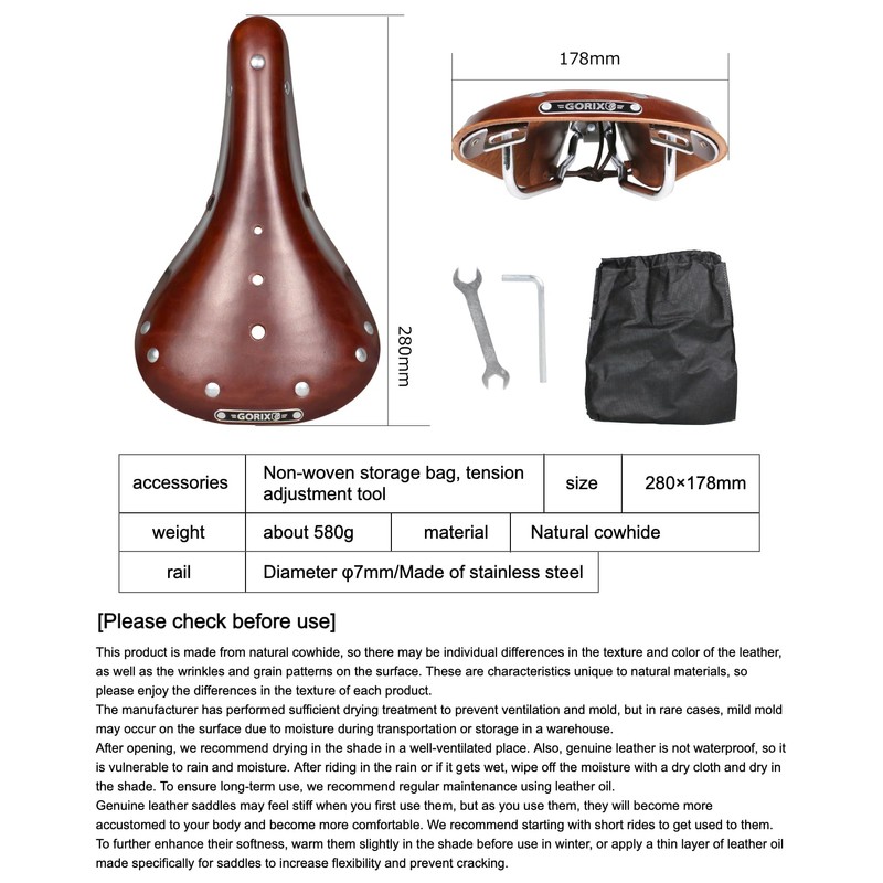 GORIX Bike Leather Saddle Seat Cowhide Studded Brown Vintage Shock