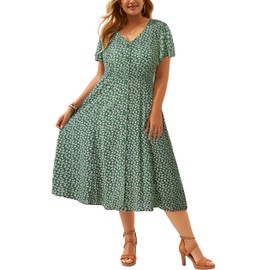 Plus Size Sundress Women Summer Boho Floral Dark Green Casual Midi V Neck A Line Flowy Sun Dresses with Pockets