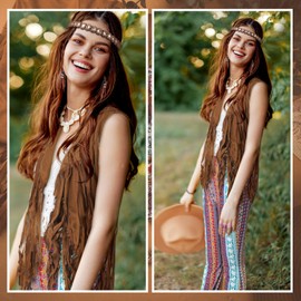 Leumoi 5 Pcs 60s 70s Costume for Women Disco Outfits Hippie Accessories Fringe Vest Boho Flared Pants Set for Halloween(Medium,Retro)