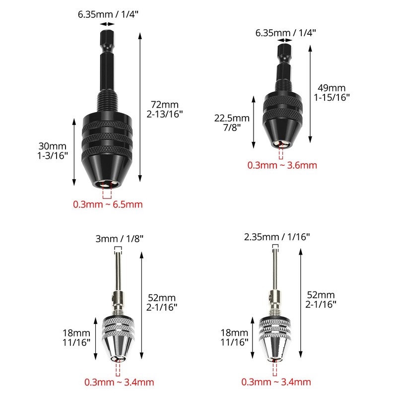 QWORK Keyless Drill Chuck Set, 4 Pieces 1/4, 1/8, 1/16