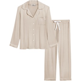 Amorbella Womens Button Down Pajamas Set Long Sleeve Bamboo Viscose Pjs Set(Cream,L)