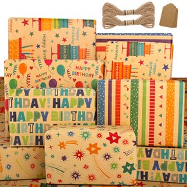 Gift Wrapping Paper Birthday, Eco Kraft Gift Paper for Men, Women, Girls, Boys, Natural Birthday Paper with Brown and Colourful Mixed Pattern, Birthday Gift Wrapping Paper Children's Set for Gift