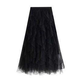 Geagodelia F-46572 Women's Elegant Soft Long Summer Skirt Maxi Skirt Vintage Tutu Ruffle Tulle Skirt One Size 36/38/40, black
