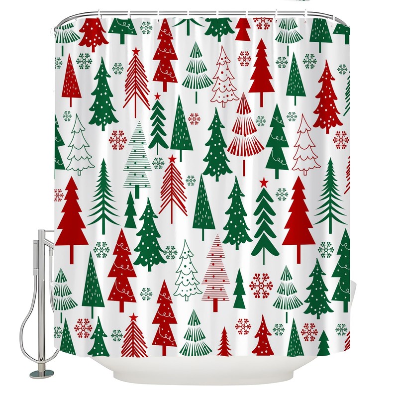 UPUMKSK Christmas Tree Shower Curtain Red Green Xmas Tree Snowflake