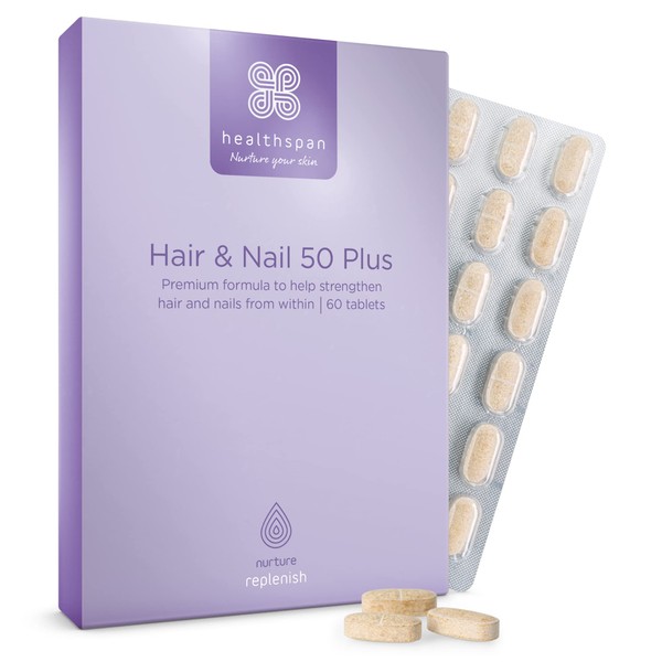 Healthspan Hair & Nails 50 Plus | 60 Tablets | Biotin | Soy Isoflavone | CoQ10 | Natural Grape Seed | Bamboo Extracts | Women's Health | Vegan