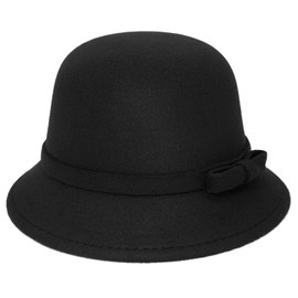 WULIQIUQIU Felt Cloche Hat for Women Bowknot Fedora Bucket Hat 1920s Vintage Bowler Hats Black
