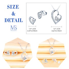 MICSAVI Necklace and Earrings Set Heart Cubic Zirconia 925 Sterling Silver Jewellery Set for Women Girls Necklace Pendant Heart Stud Earrings Jewellery Set, Sterling Silver Zirconia Sterling Silver,