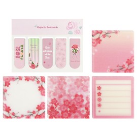 4 Pcs Pink Glitter Transparent Frosted Sticky Note Pads Set with 5 Pcs Magnetic Flower Bookmarks, Waterproof Translucent Memo Pad for Office Supplies (Pink)