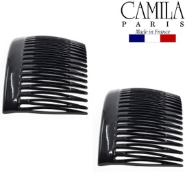 Camila Paris CP2946 French Hair Side Comb, 2 Pack Rounded Black, Flexible Durable Decorative Hair Combs, Strong Hold Hair Clips for Women, No Slip Styling Girls Hair Accessories, Made in France