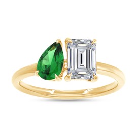 Toi Et Moi Ring For Women, Pear Shape Green Emerald Lab Grown Gemstone And Emerald Lab Created Moissanite Diamond Solitaire 2-Stone Engagement Ring In 14K Yellow Gold Over Sterling Silver-6