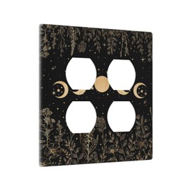 Yamxbfa Black Gold Wildflower Plant Moon Starry Sky Floral Botanical Outlet Covers 2-Gang Duplex Light Switch Covers Decorative Gfci Wall Plate Electrical Receptacle Switchplate Plug Faceplate Decor