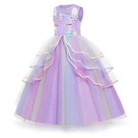 Chektin Unicorn Dress for Girls Unicorn Costume Pageant Princess Party Birthday Long Maxi Gown with Unicorn Headband & Satin Sash (Purple, 110 3 Years)