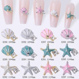 Mkwntg 24Pcs Alloy Seashell Starfish Nail Charms 3D Colorful Summer Beach Vacation Nail Rhinestone Shiny Metal Pink Blue White Nail Charms Ocean Silver Diamond Nail Accessories for Women DIY Manicure