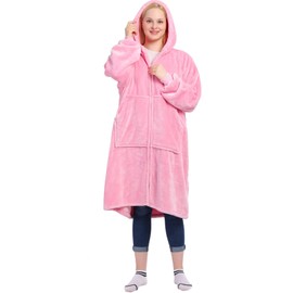 Waitu Wearable Blanket Hoodie with Zipper Gifts for Women Men, Warm and Cozy Oversized Hoodie Blanket Birthday Gifts for Women Mom, Thick Flannel Blanket with Giant Pocket - Bright Pink