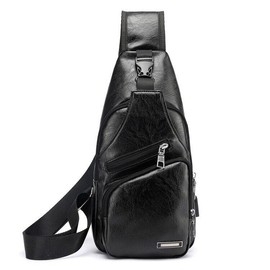 Men's Leather Sling Pack Chest Shoulder Crossbody Bag Backpack Biker Satchel - Color: Black-Style 2