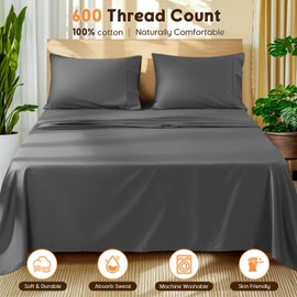 LBRO2M 100% Cotton Sheets Set Queen Size 600 Thread Count 4 Piece Sets Bed Sheet Deep Pocket Up to 16" Soft Comfortable All Season (Queen, Dark Gray)